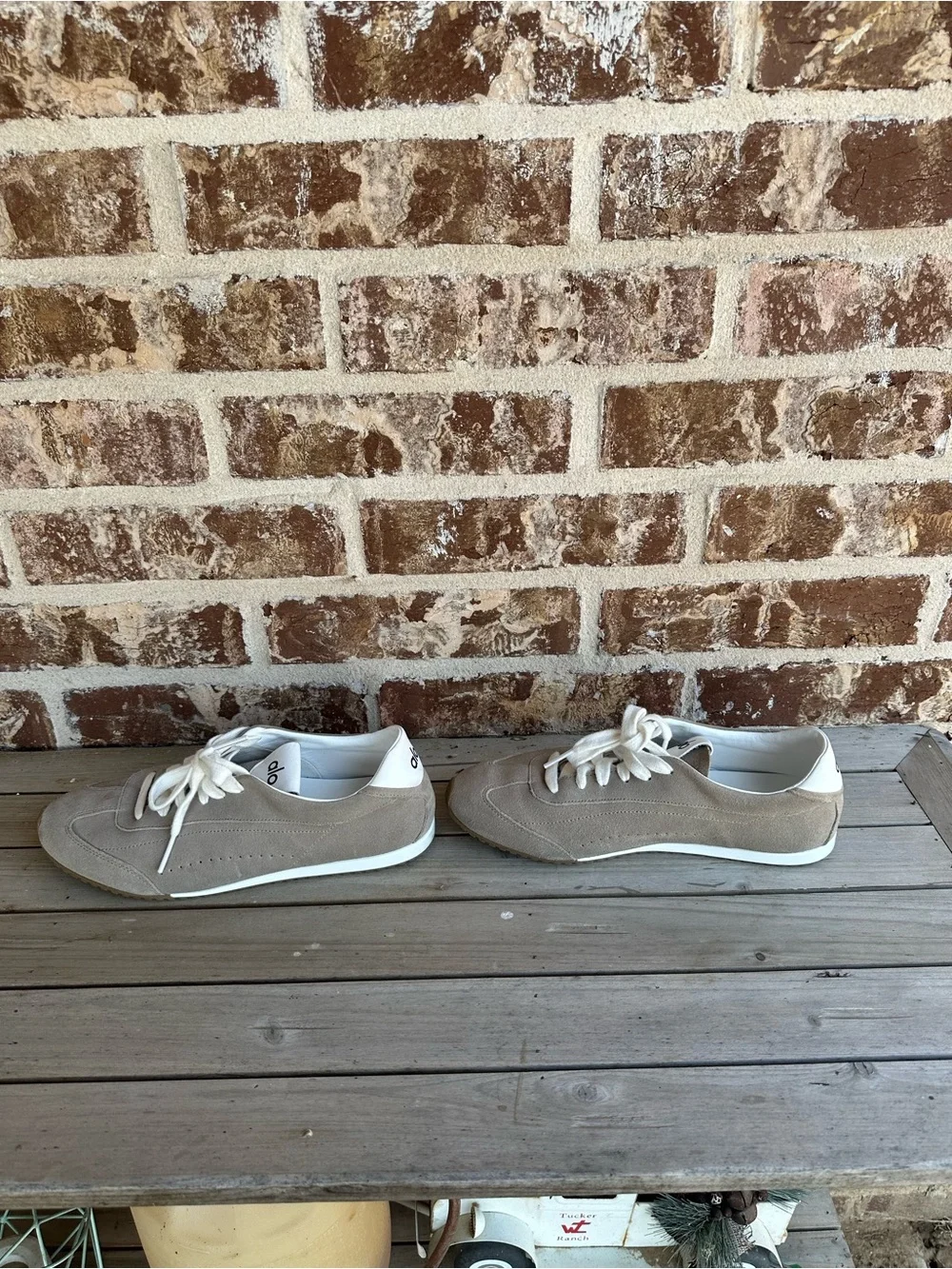 ALO Yoga Men's Taupe Suede Low-Top Sneakers with Cream Laces